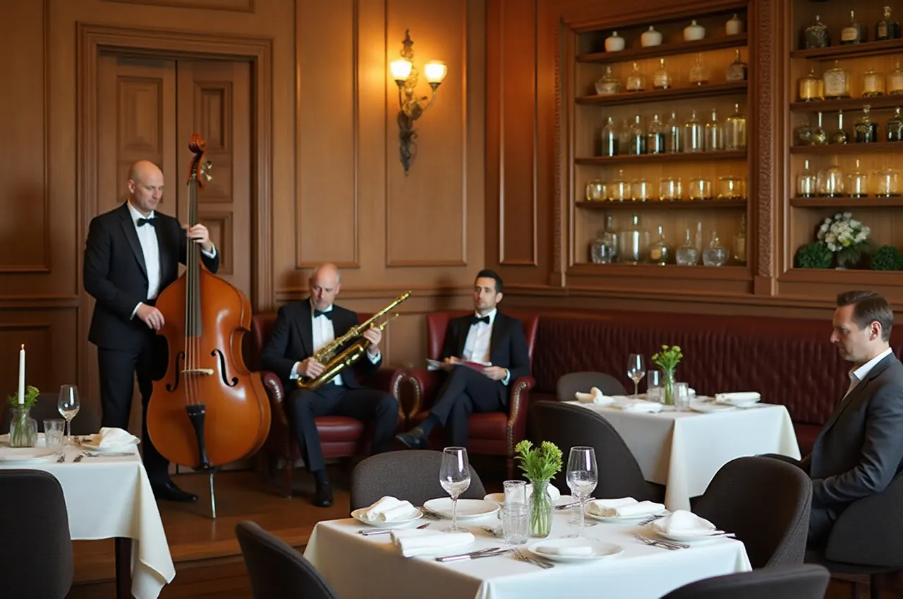 Trio jazzowe grające na małej scenie w salonie, słuchający goście